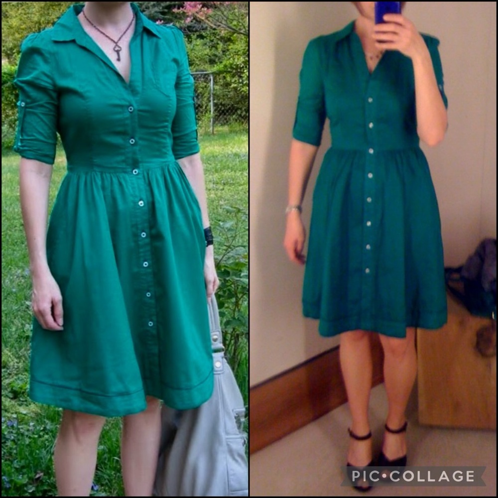 Anthro Moulin Sours 100% Cotton Kelly Green Button Down A-Line Shirt Dress - Picture 1 of 12